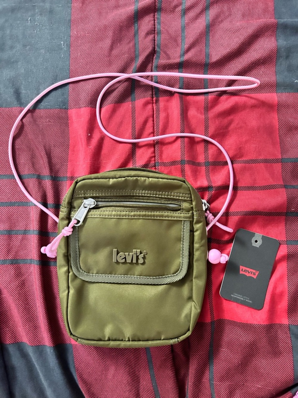 Levi's Olive Green Crossbody with Pink Strap